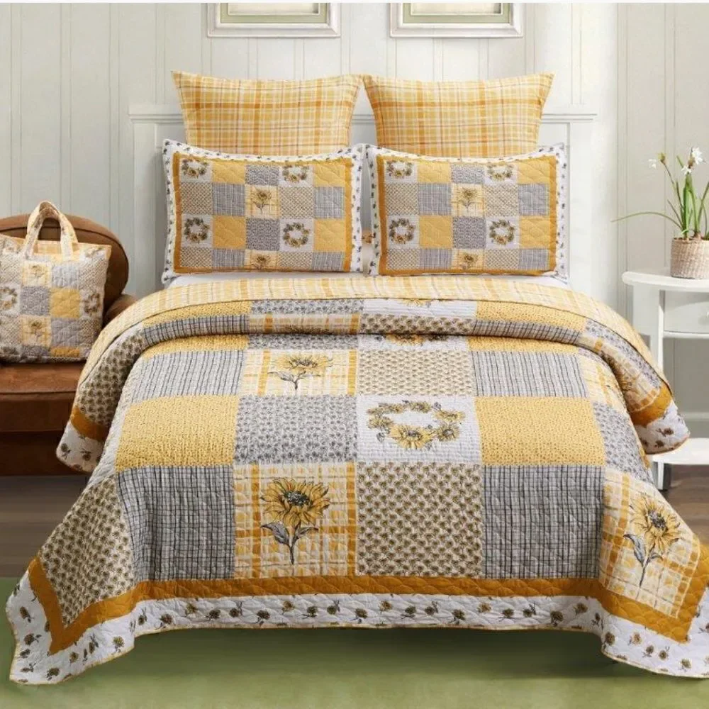 Farmhouse Sunflower Garden Patchwork Queen Printed Quilt Set